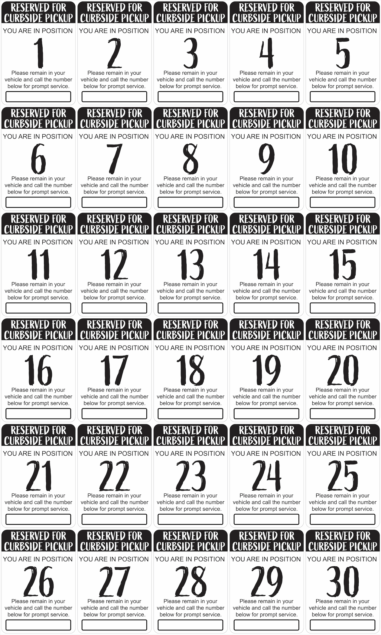 "Curbside Pickup" Sequenced Numbered Spots for Delivery Pickup Customers (includes 4 "Employee Parking" signs) - 12x18" - Various Colors/Fonts Available