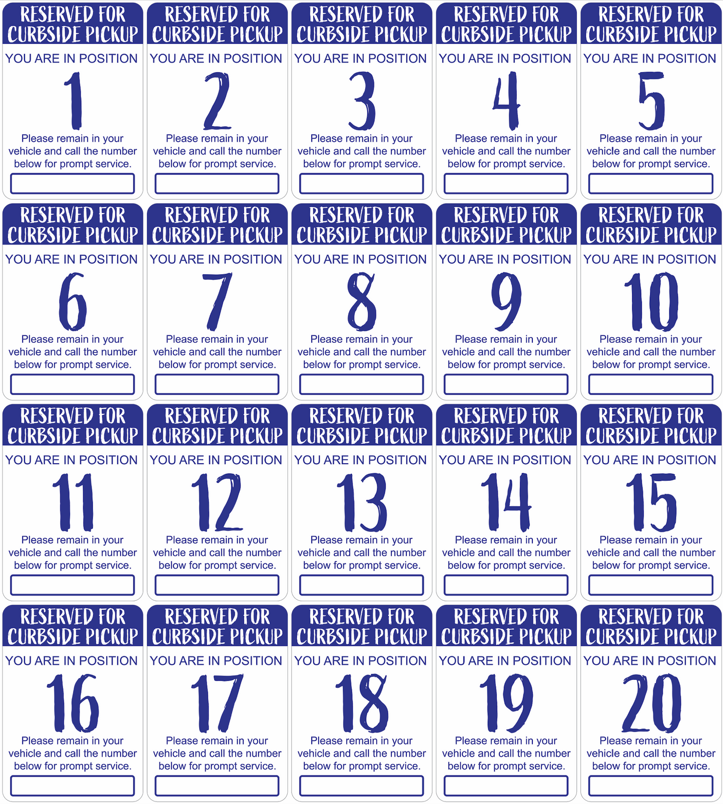 "Curbside Pickup" Sequenced Numbered Spots for Delivery Pickup Customers (includes 4 "Employee Parking" signs) - 12x18" - Various Colors/Fonts Available
