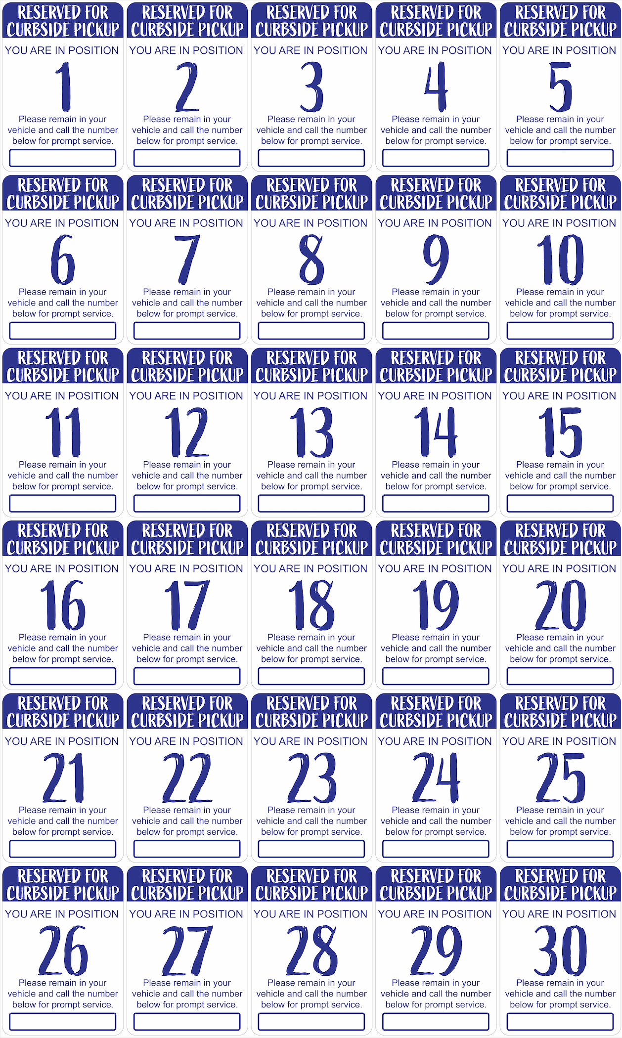 "Curbside Pickup" Sequenced Numbered Spots for Delivery Pickup Customers (includes 4 "Employee Parking" signs) - 12x18" - Various Colors/Fonts Available