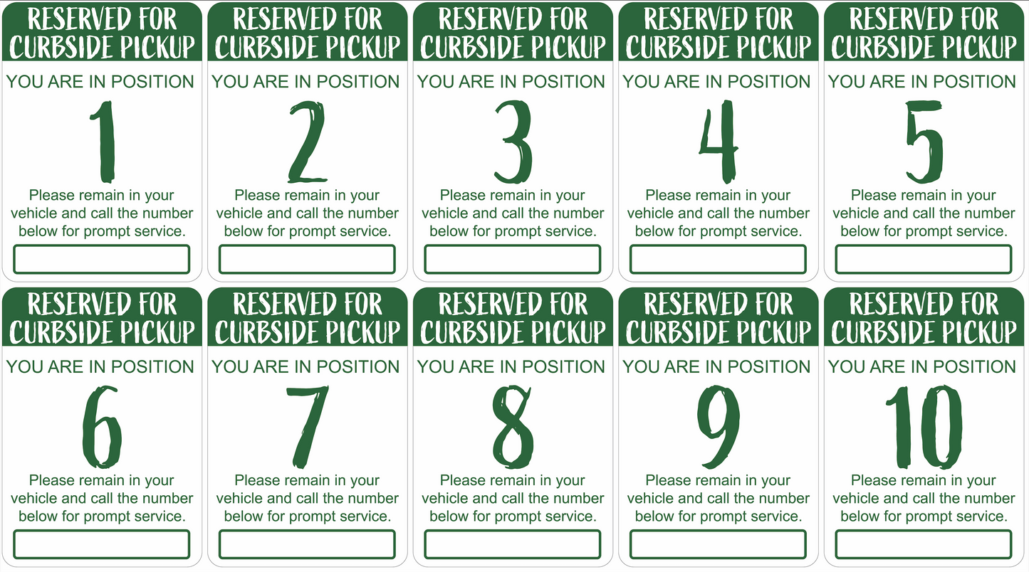 "Curbside Pickup" Sequenced Numbered Spots for Delivery Pickup Customers (includes 4 "Employee Parking" signs) - 12x18" - Various Colors/Fonts Available