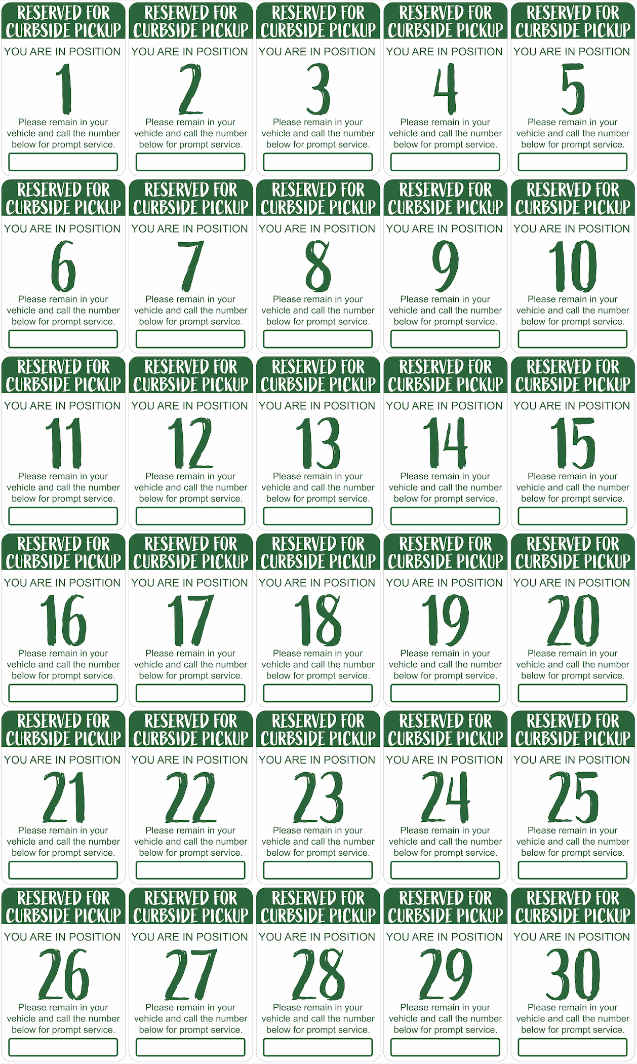 "Curbside Pickup" Sequenced Numbered Spots for Delivery Pickup Customers (includes 4 "Employee Parking" signs) - 12x18" - Various Colors/Fonts Available