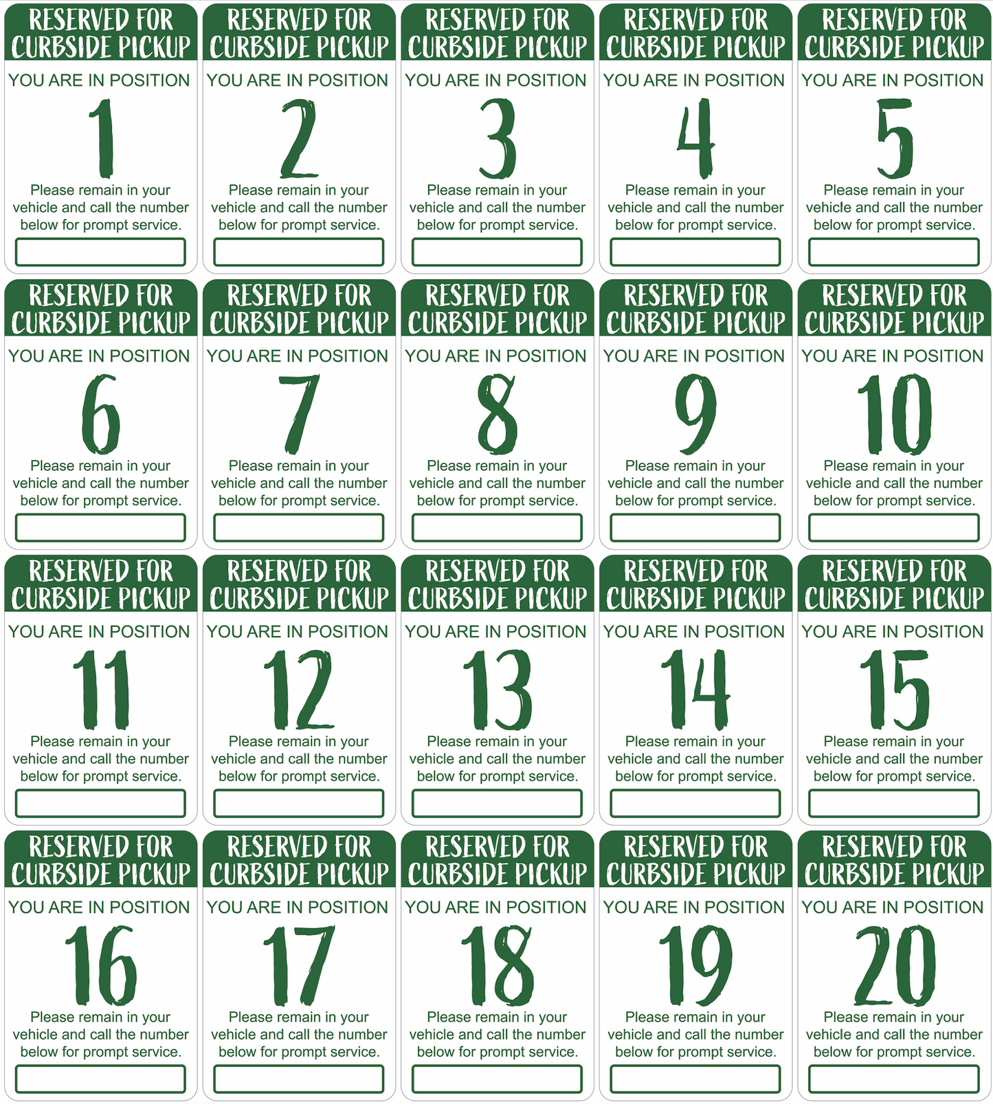 "Curbside Pickup" Sequenced Numbered Spots for Delivery Pickup Customers (includes 4 "Employee Parking" signs) - 12x18" - Various Colors/Fonts Available