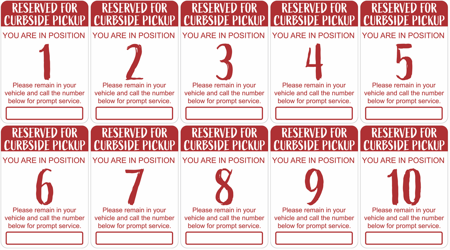"Curbside Pickup" Sequenced Numbered Spots for Delivery Pickup Customers (includes 4 "Employee Parking" signs) - 12x18" - Various Colors/Fonts Available