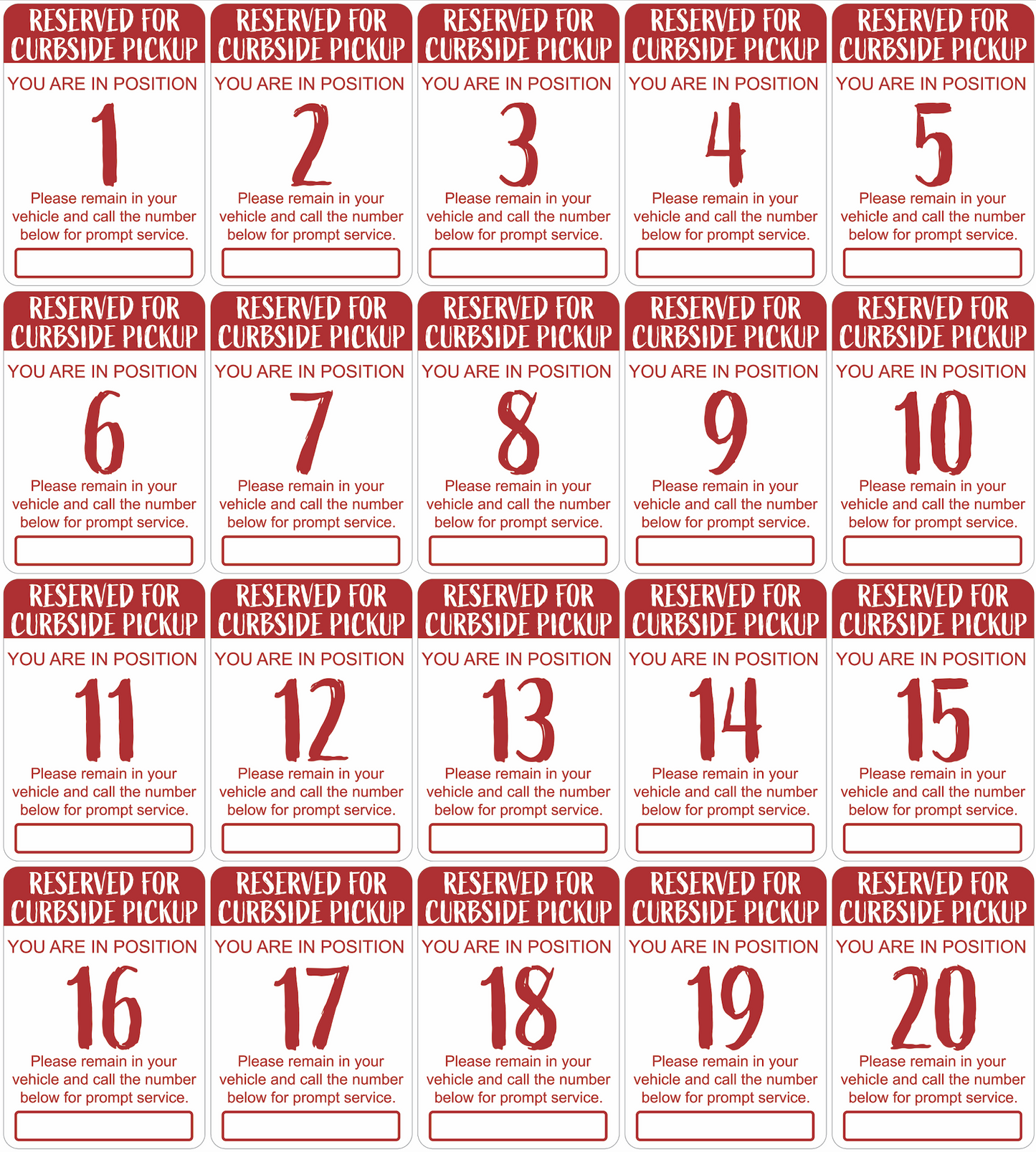 "Curbside Pickup" Sequenced Numbered Spots for Delivery Pickup Customers (includes 4 "Employee Parking" signs) - 12x18" - Various Colors/Fonts Available