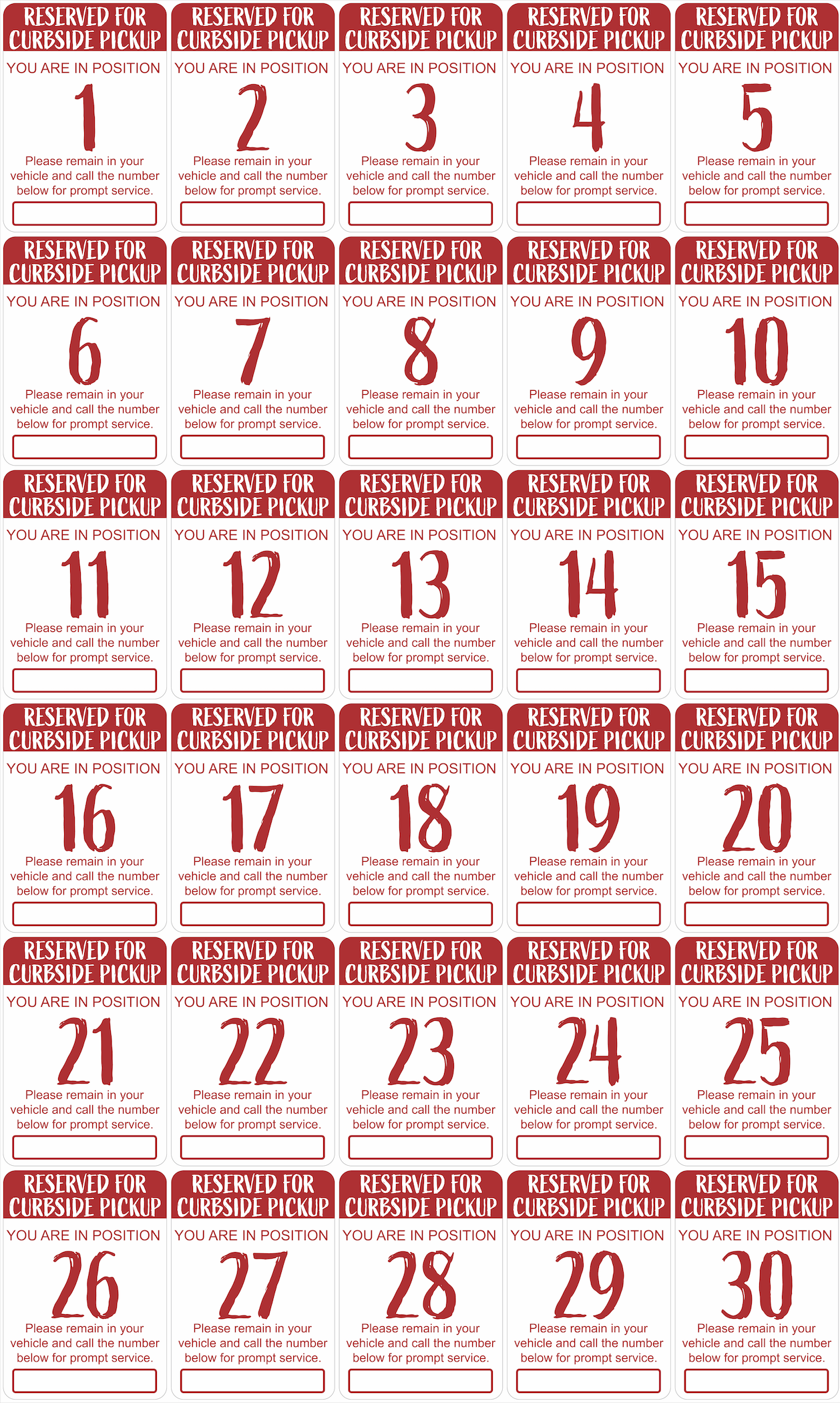 "Curbside Pickup" Sequenced Numbered Spots for Delivery Pickup Customers (includes 4 "Employee Parking" signs) - 12x18" - Various Colors/Fonts Available