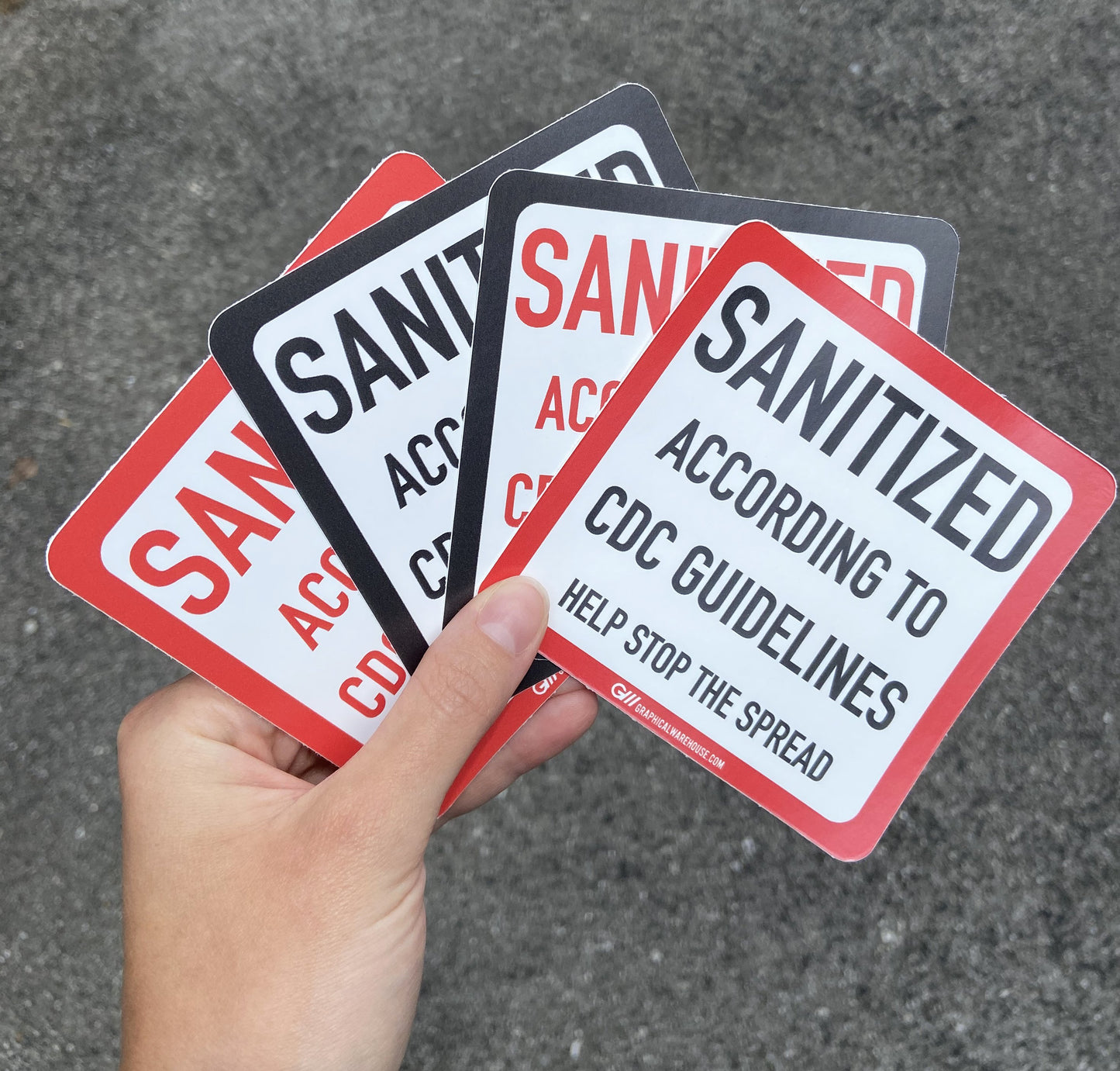 "Sanitized, According to CDC Guidelines, Help Stop The Spread" Adhesive Durable Vinyl Decal- 4x4"
