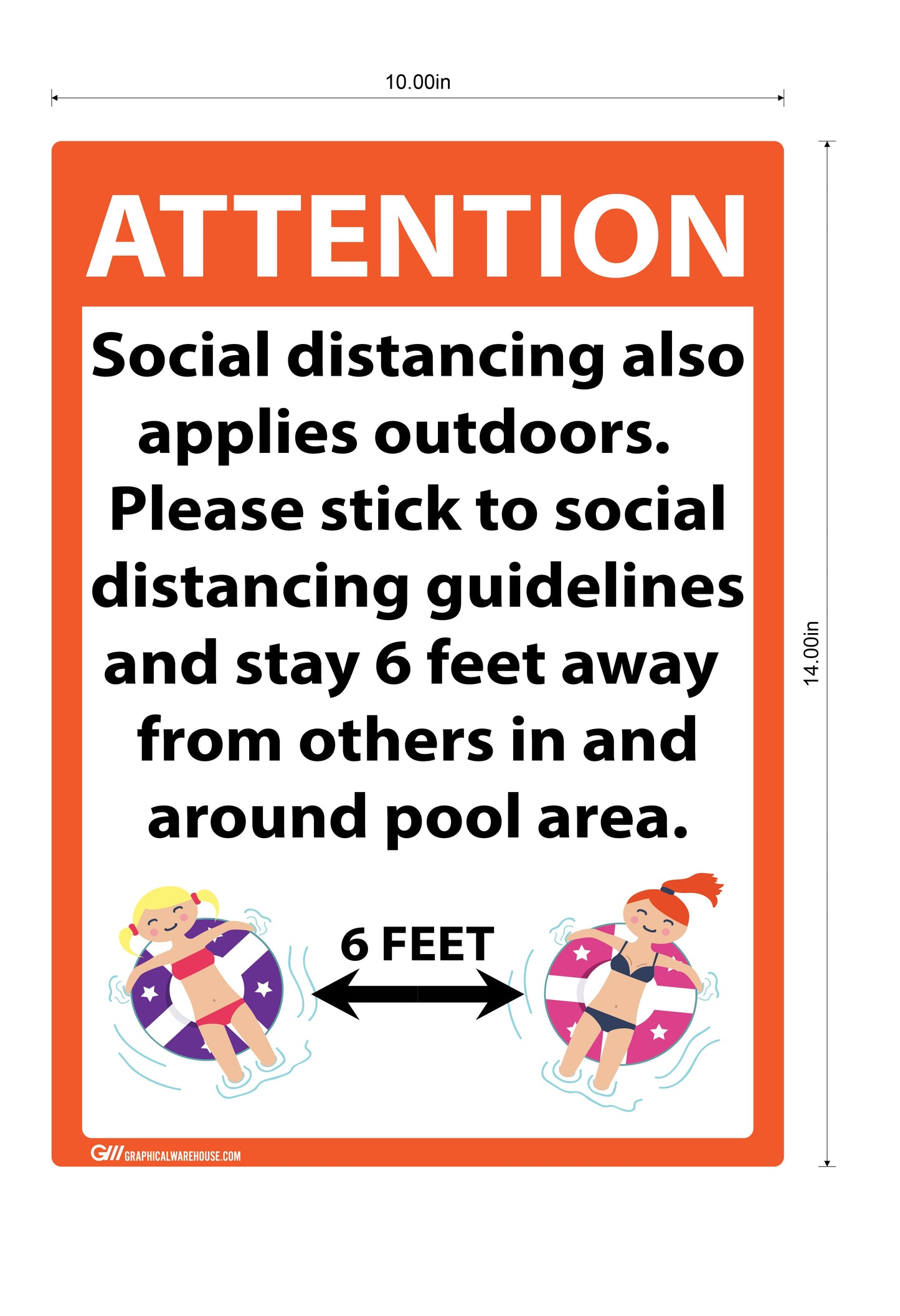 "Attention: Social Distancing at Pool" Adhesive Durable Vinyl Decal- 10x14”