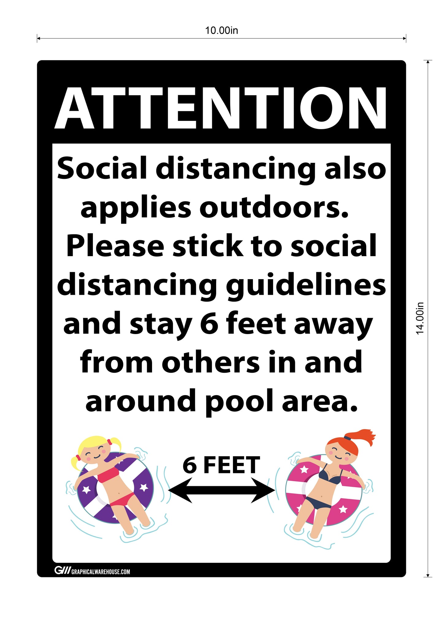 "Attention: Social Distancing at Pool" Adhesive Durable Vinyl Decal- 10x14”