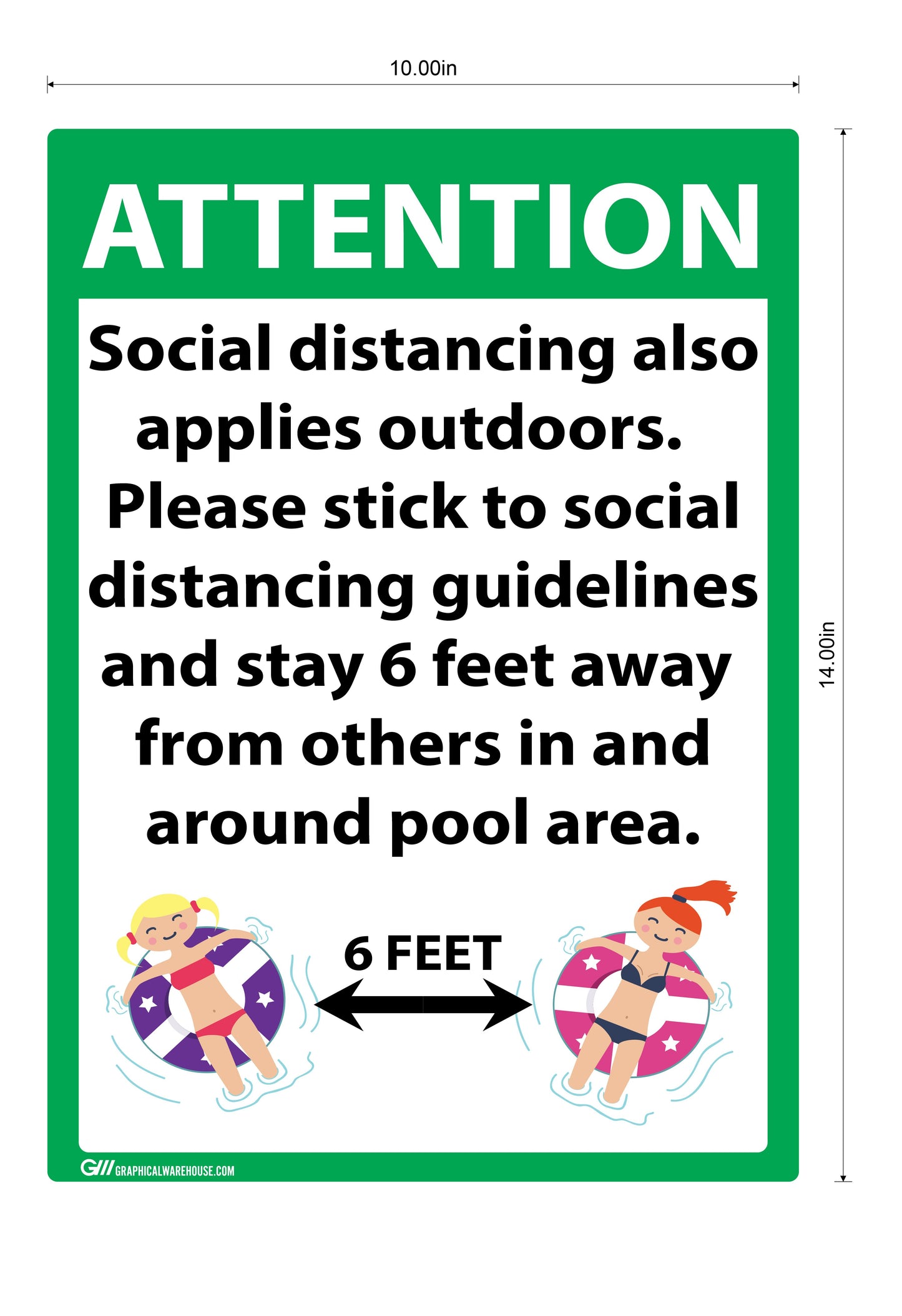 "Attention: Social Distancing at Pool" Adhesive Durable Vinyl Decal- 10x14”