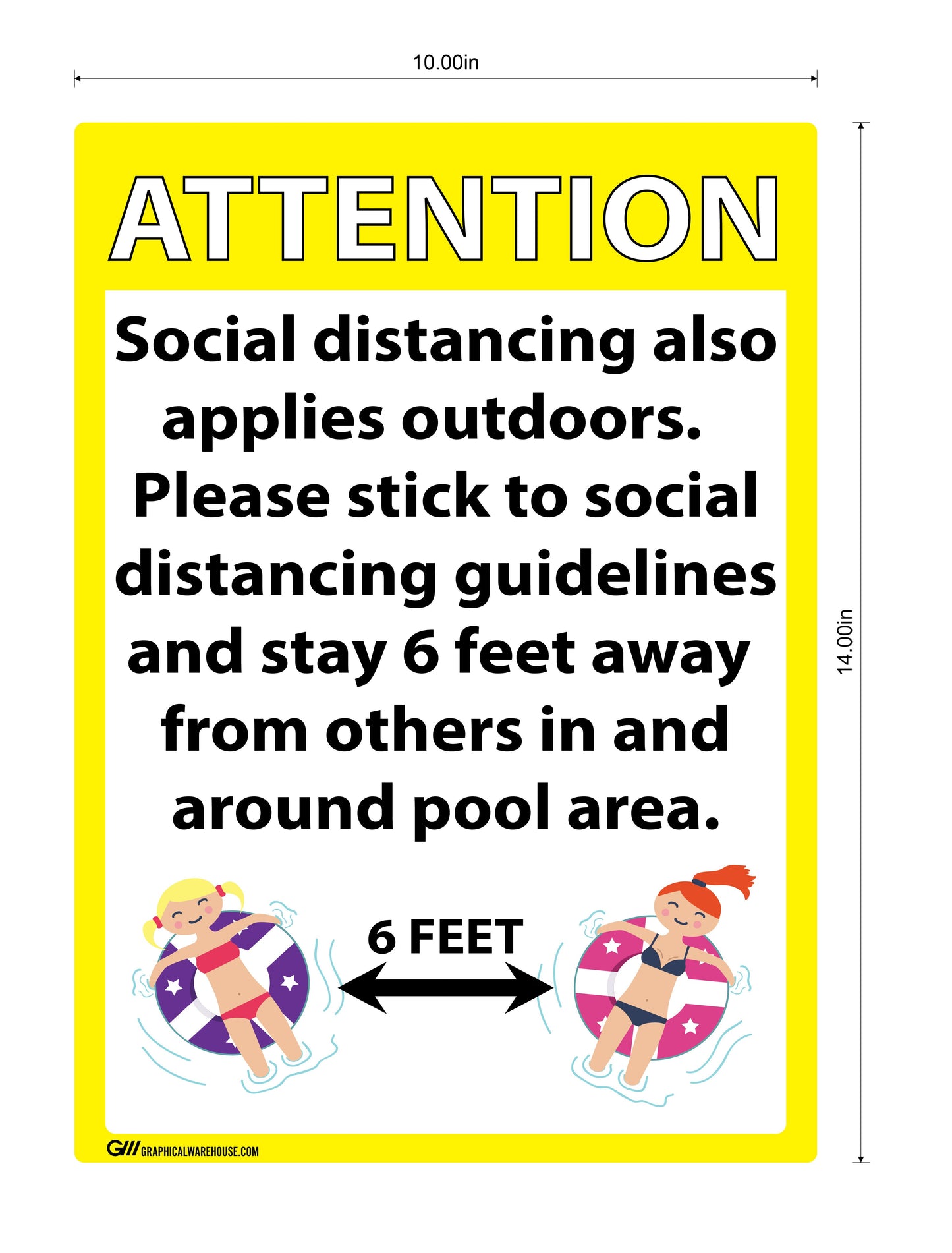 "Attention: Social Distancing at Pool" Adhesive Durable Vinyl Decal- 10x14”
