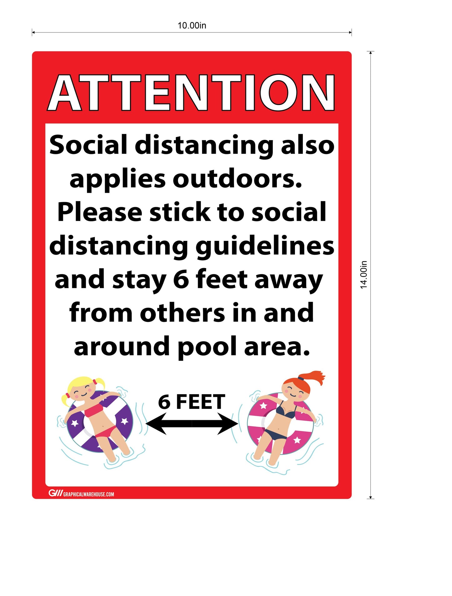"Attention: Social Distancing at Pool" Adhesive Durable Vinyl Decal- 10x14”