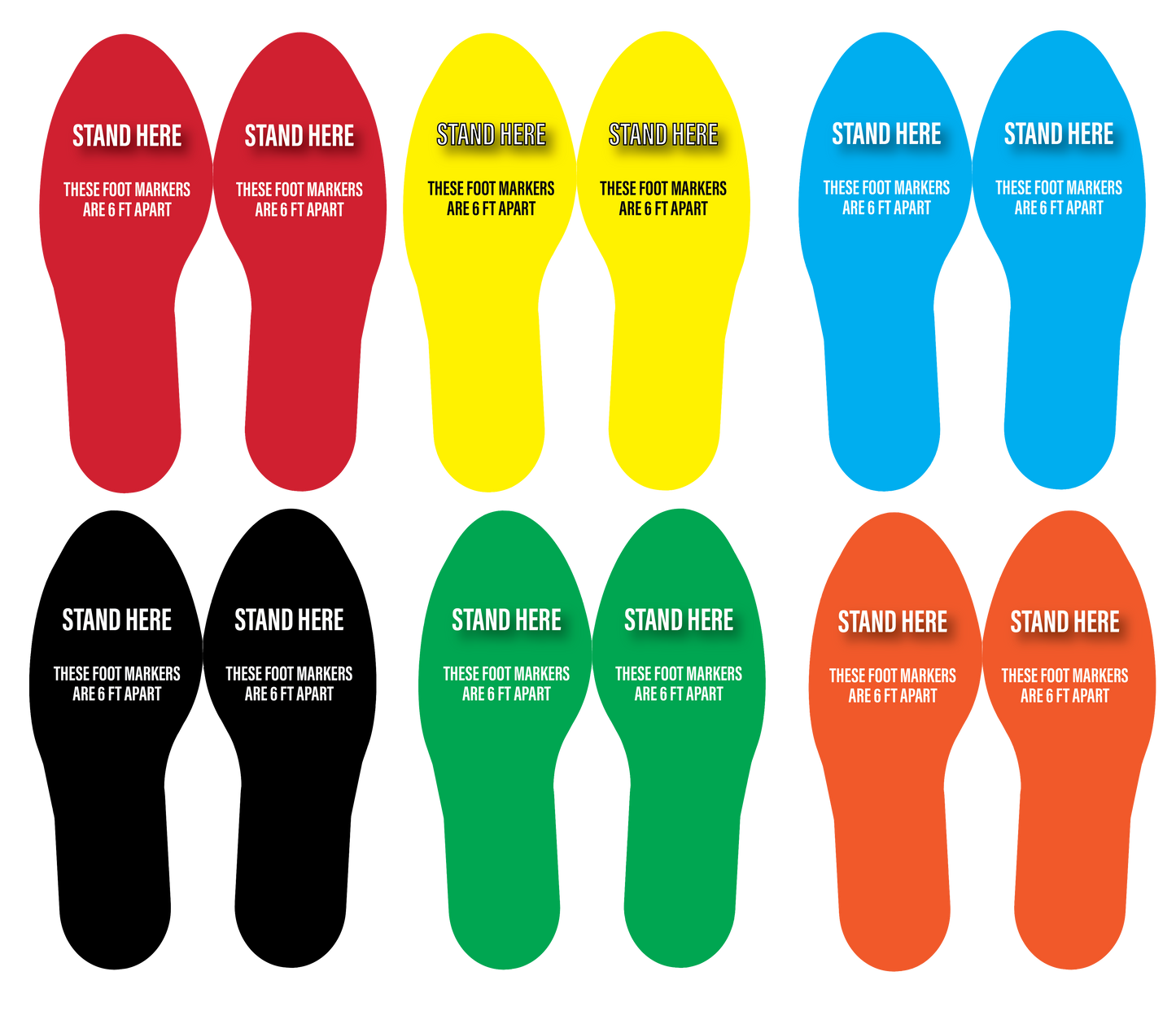 "Stand Here, Foot Markers Are 6 Feet Apart" Social Distancing Footprints, 5 Pair- Durable Matte Laminated Vinyl Floor Sign- 3.5x10"