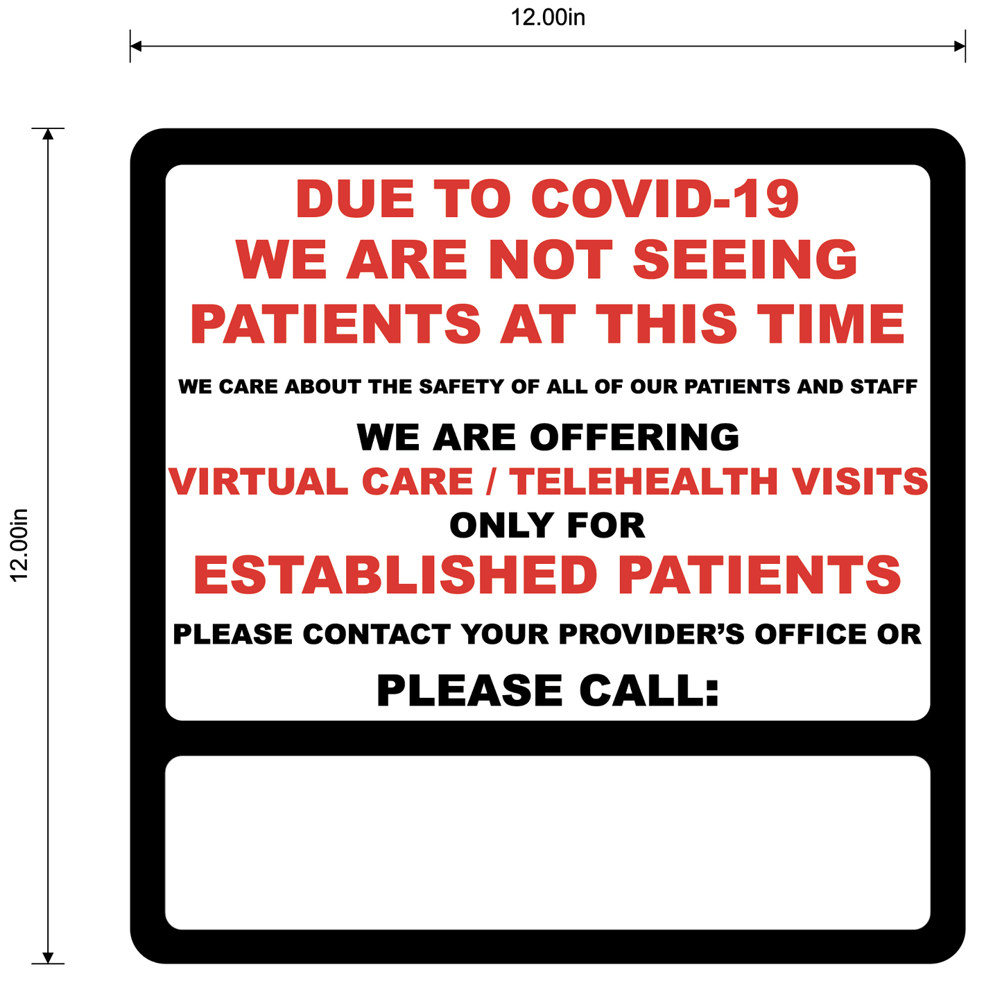 "Virtual Care, Telehealth Visits Available" Adhesive Durable Vinyl Decal- 12x12"