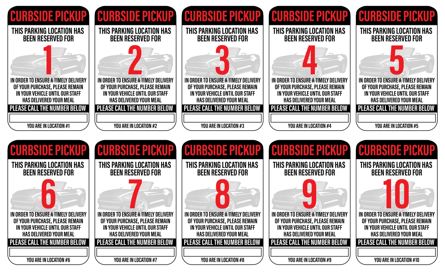 "Curbside Pickup" Sequenced Numbered Spots for Delivery Pickup Customers (includes 4 "Employee Parking" signs) - 12x18" - Various Colors/Fonts Available