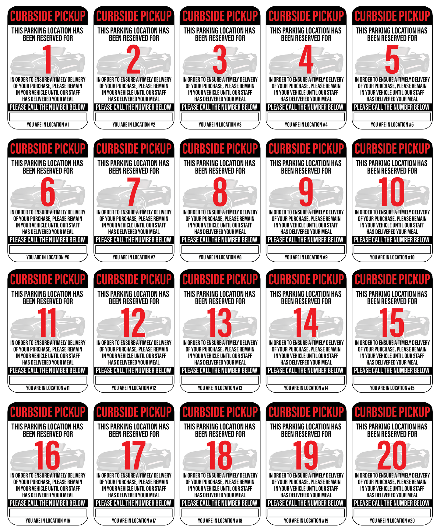 "Curbside Pickup" Sequenced Numbered Spots for Delivery Pickup Customers (includes 4 "Employee Parking" signs) - 12x18" - Various Colors/Fonts Available