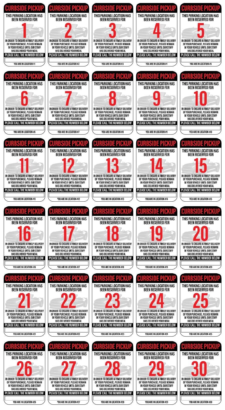 "Curbside Pickup" Sequenced Numbered Spots for Delivery Pickup Customers (includes 4 "Employee Parking" signs) - 12x18" - Various Colors/Fonts Available