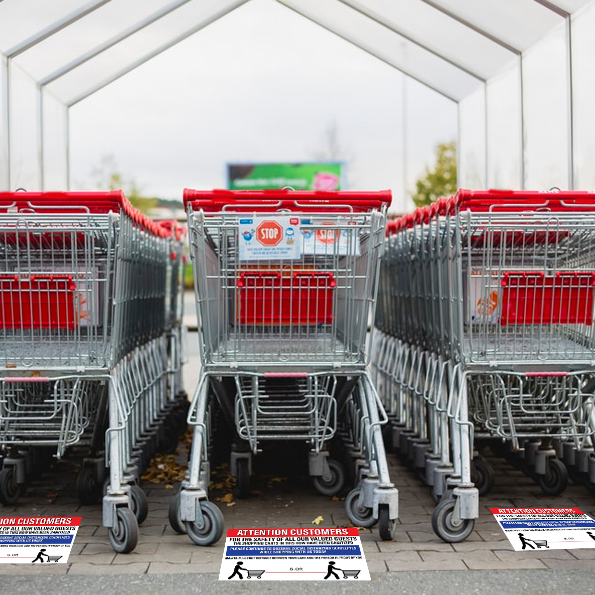 "Attention Customers: Shopping Carts Sanitized, Social Distancing" Durable Matte Laminated Vinyl Floor Sign- 24x18"