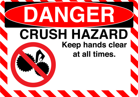 Danger "Crush Hazard, Keep Hands Clear At All Times" Durable Matte Laminated Vinyl Floor Sign- Various Sizes Available