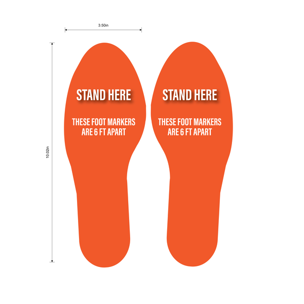 "Stand Here, Foot Markers Are 6 Feet Apart" Social Distancing Footprints, 5 Pair- Durable Matte Laminated Vinyl Floor Sign- 3.5x10"