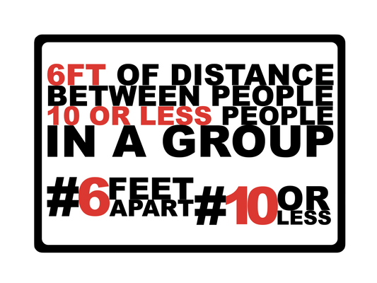 "6 & 10, Six Feet Apart, 10 or Less" Adhesive Durable Vinyl Decal- 10x7”