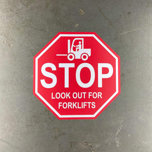 Stop Sign "Look Out for Forklifts" Durable Matte Laminated Vinyl Floor Sign- Various Sizes Available