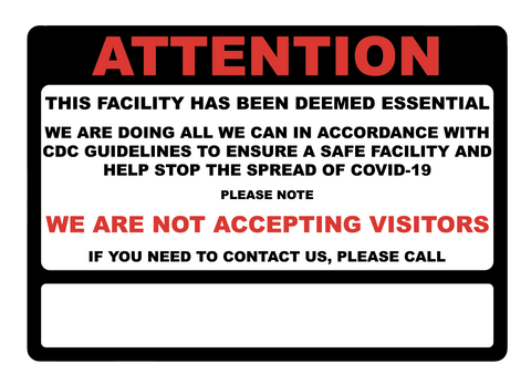 "Attention: Essential Business, No Visitors, Please Call" Adhesive Durable Vinyl Decal- 10x7”