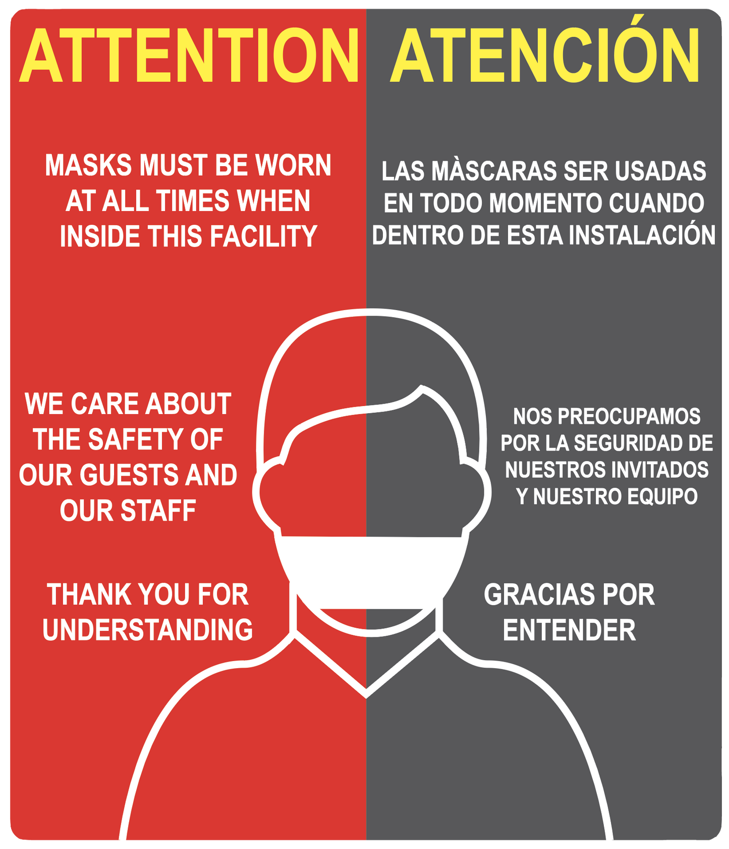 "Attention: Masks Must Be Worn At All Times When Inside This Facility" Bilingual, Adhesive Durable Vinyl Decal- Various Sizes Available