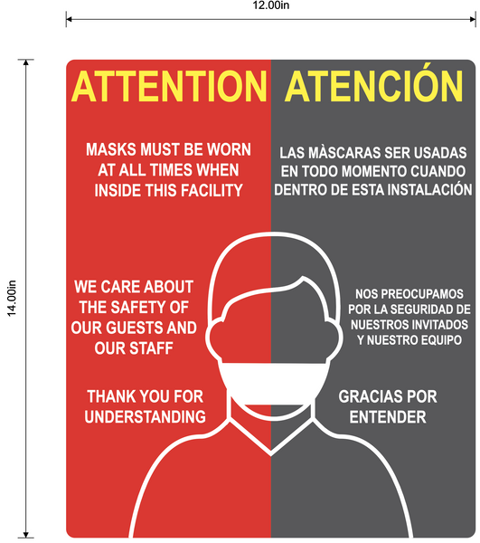 "Attention: Masks Must Be Worn At All Times When Inside This Facility" Bilingual, Adhesive Durable Vinyl Decal- Various Sizes Available