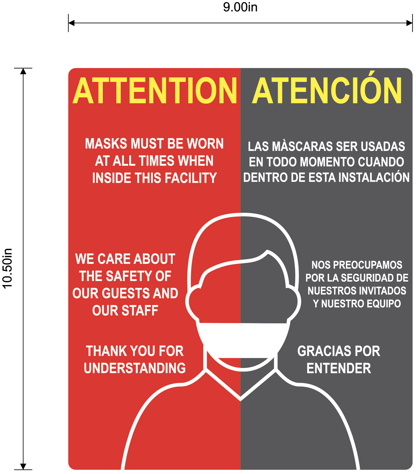 "Attention: Masks Must Be Worn At All Times When Inside This Facility" Bilingual, Adhesive Durable Vinyl Decal- Various Sizes Available