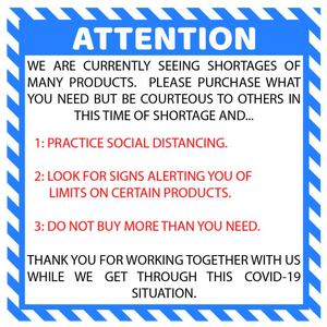 "Attention: Product Shortage" Social Distancing Durable Laminated Vinyl Floor Sign- 17"