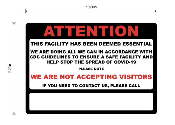 "Attention: Essential Business, No Visitors, Please Call" Adhesive Durable Vinyl Decal- 10x7”
