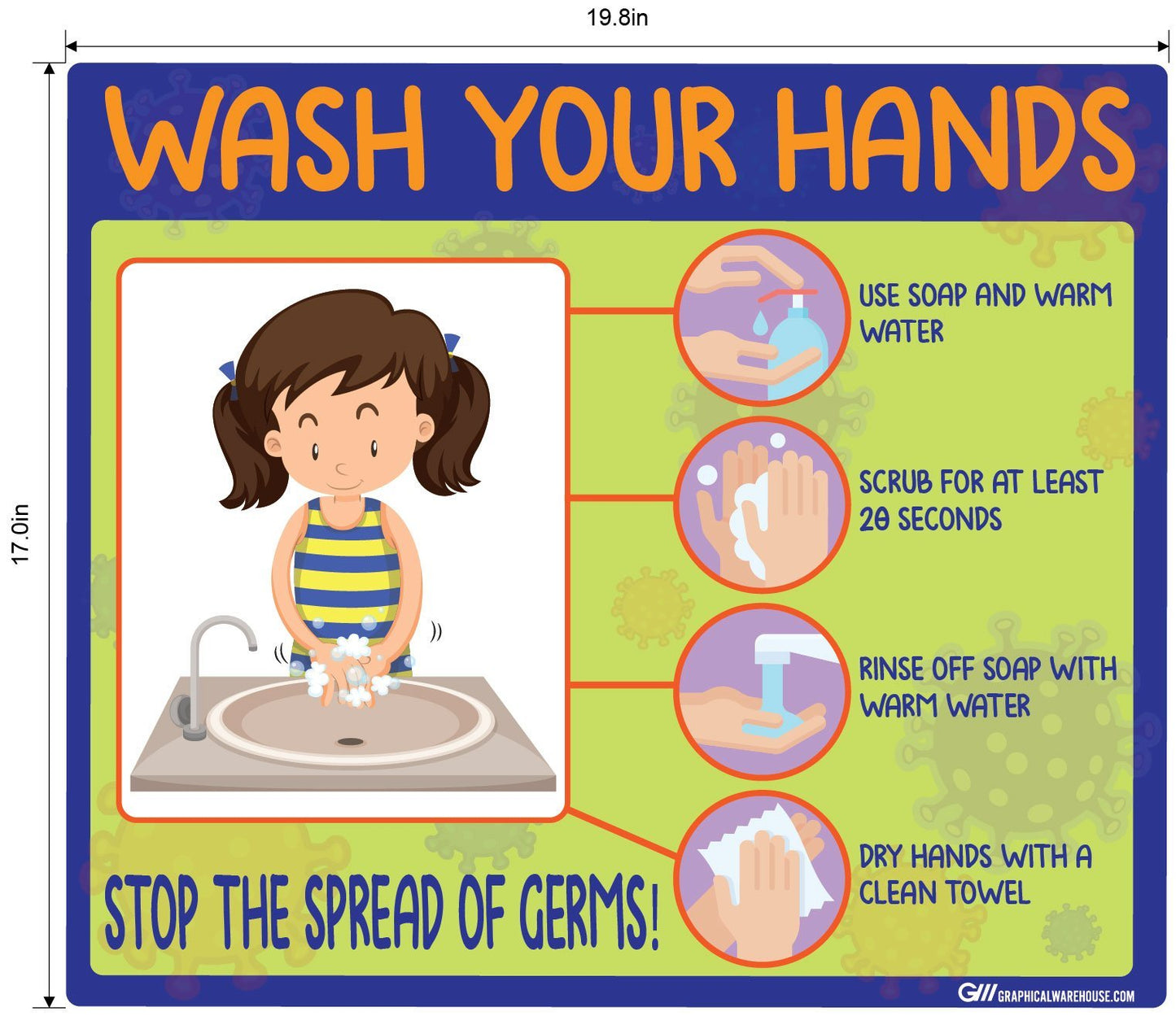 "Wash Your Hands" Kids Version, Adhesive Durable Vinyl Decal- Various Sizes Available