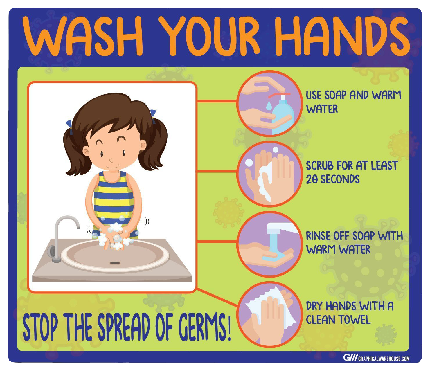 "Wash Your Hands" Kids Version, Adhesive Durable Vinyl Decal- Various Sizes Available