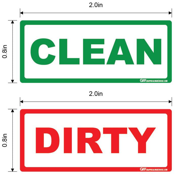 "Clean, Dirty" Pack of 20 (10 Clean, 10 Dirty), Adhesive Durable Vinyl Decal- Various Sizes Available