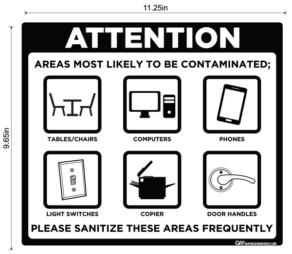 "Contaminated Areas, Please Sanitize" Adhesive Durable Vinyl Decal- Various Sizes/Colors Available