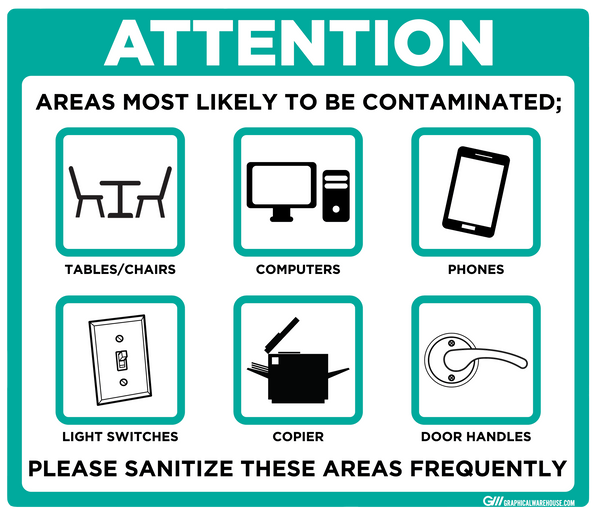 "Contaminated Areas, Please Sanitize" Adhesive Durable Vinyl Decal- Various Sizes/Colors Available