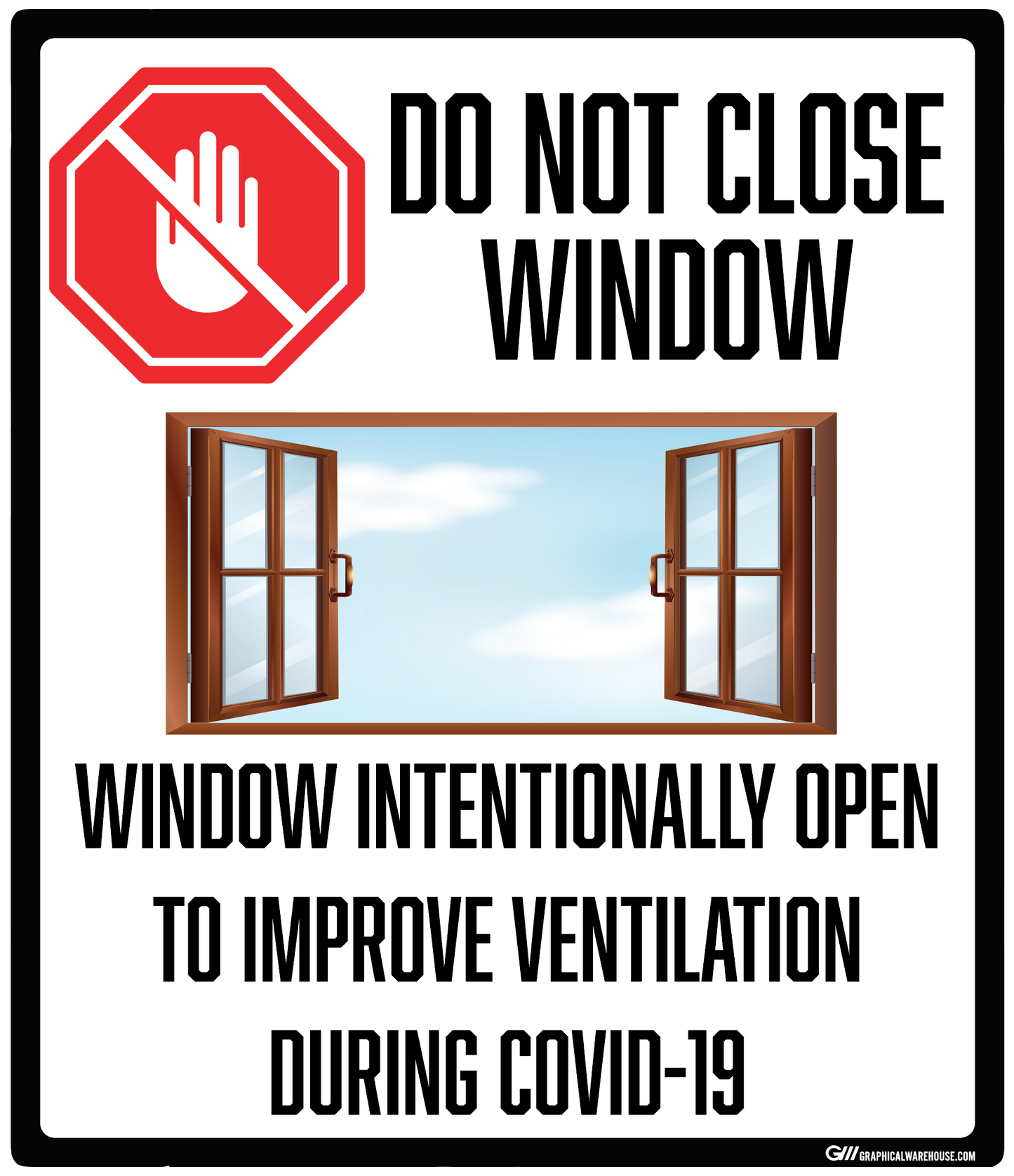 "Do Not Close Window to Improve Ventilation, Version 2" Adhesive Durable Vinyl Decal- Various Sizes/Colors Available