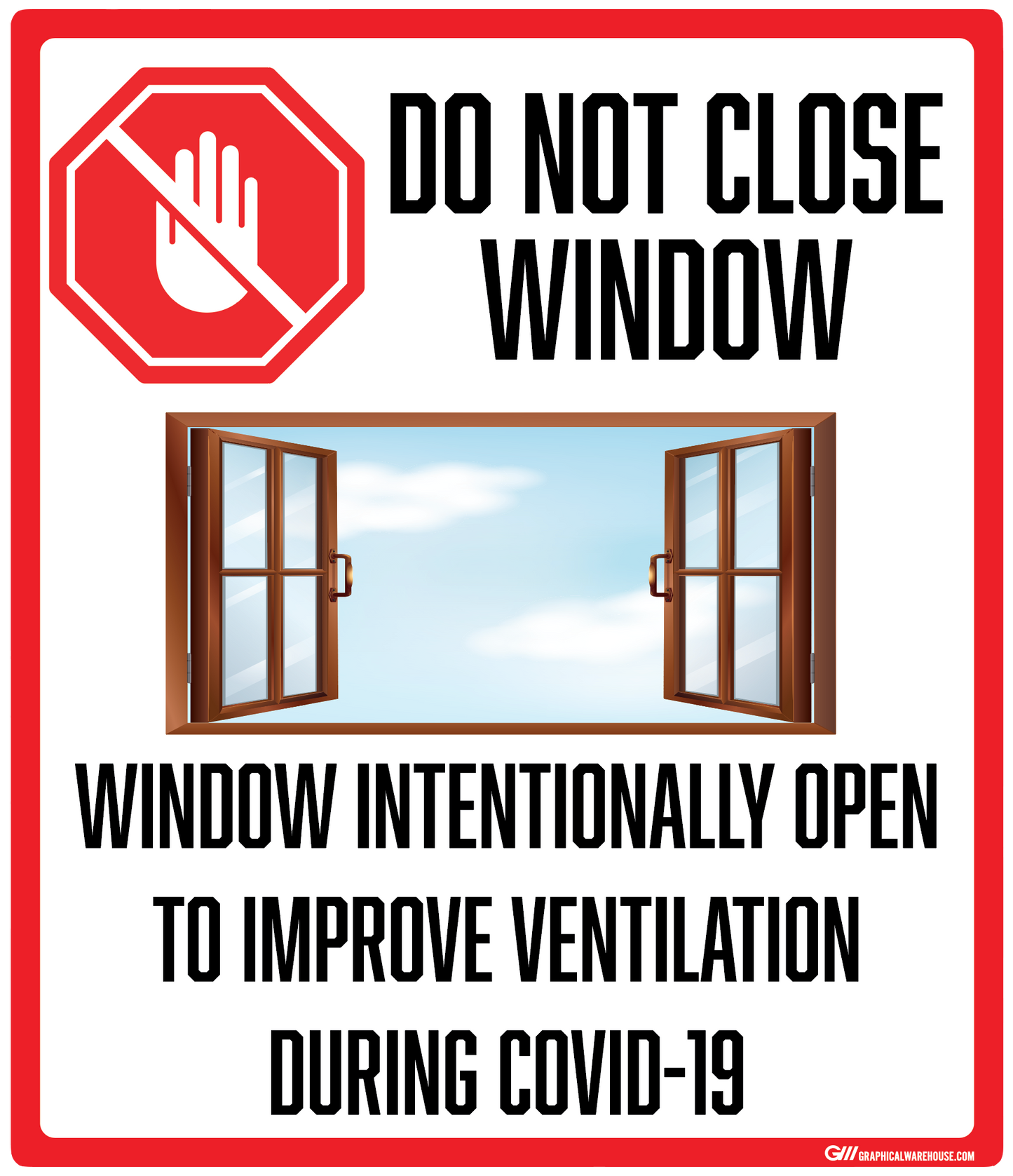 "Do Not Close Window to Improve Ventilation, Version 2" Adhesive Durable Vinyl Decal- Various Sizes/Colors Available