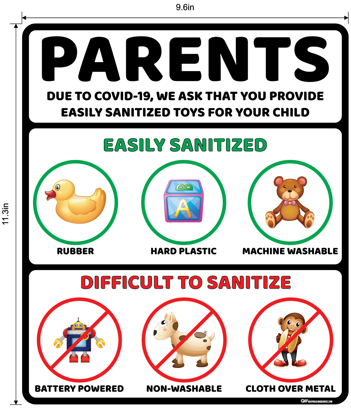 "Easily Sanitized Toys" Adhesive Durable Vinyl Decal- Various Sizes/Colors Available