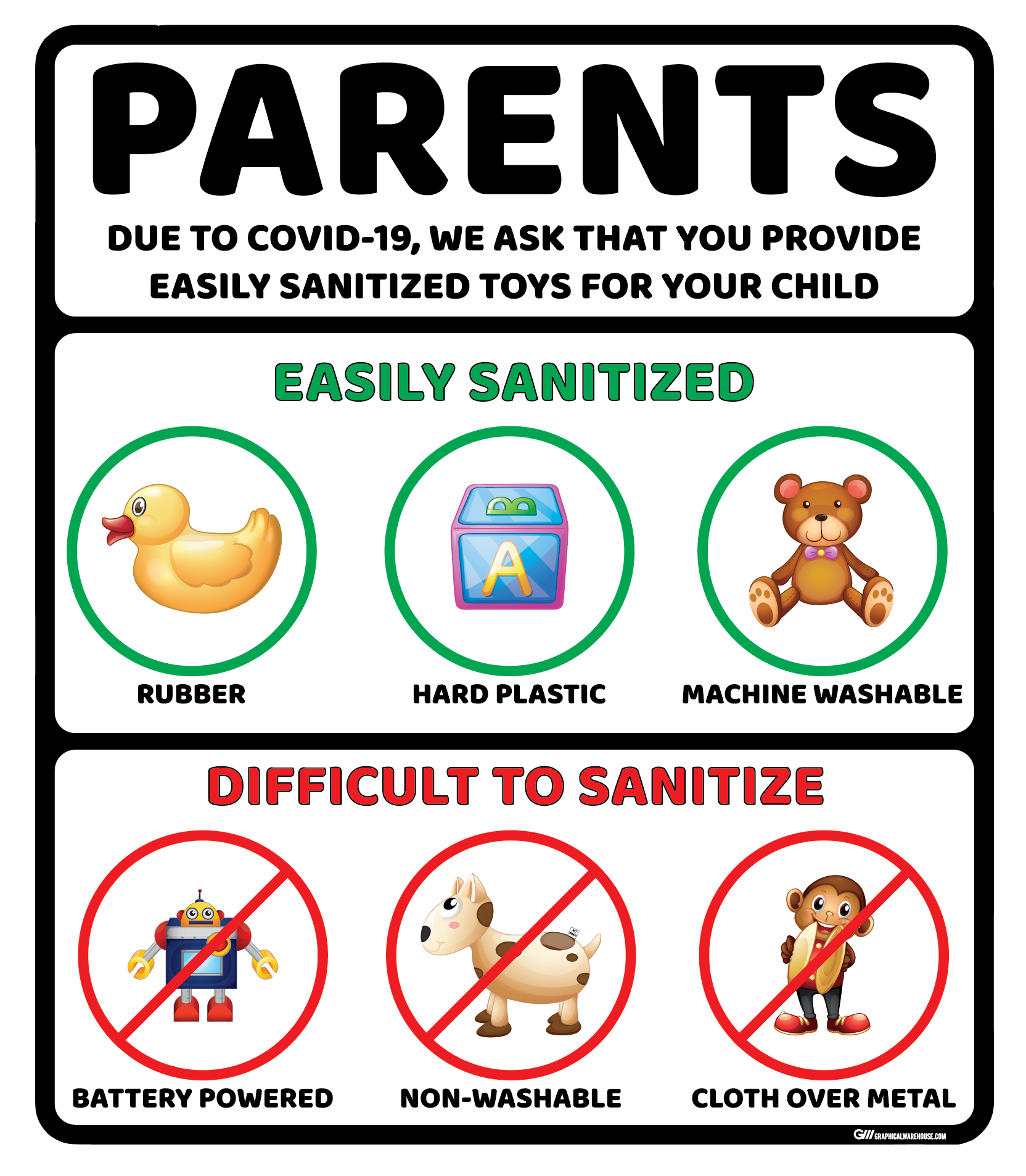 "Easily Sanitized Toys" Adhesive Durable Vinyl Decal- Various Sizes/Colors Available