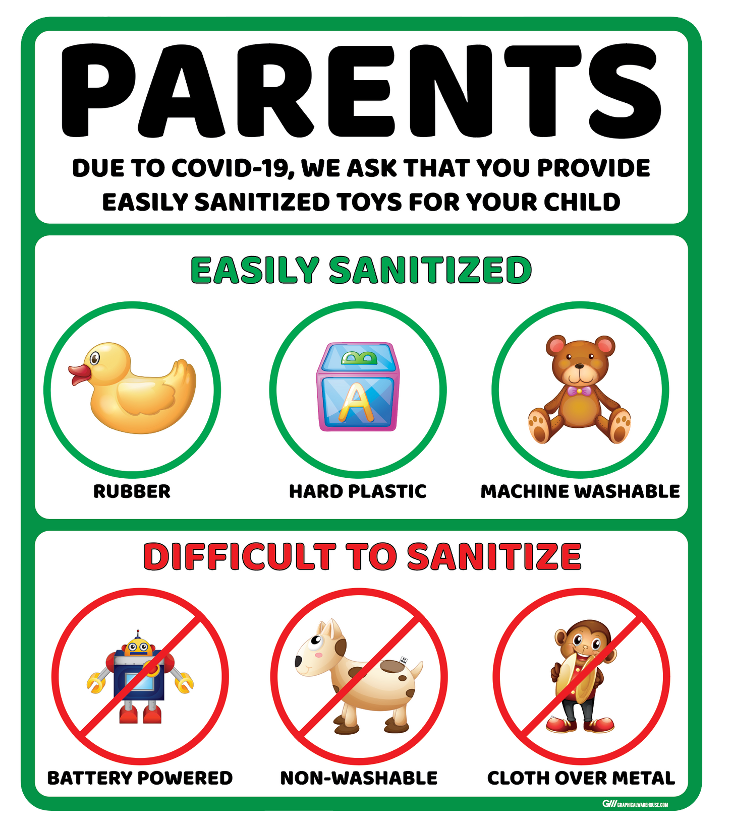 "Easily Sanitized Toys" Adhesive Durable Vinyl Decal- Various Sizes/Colors Available