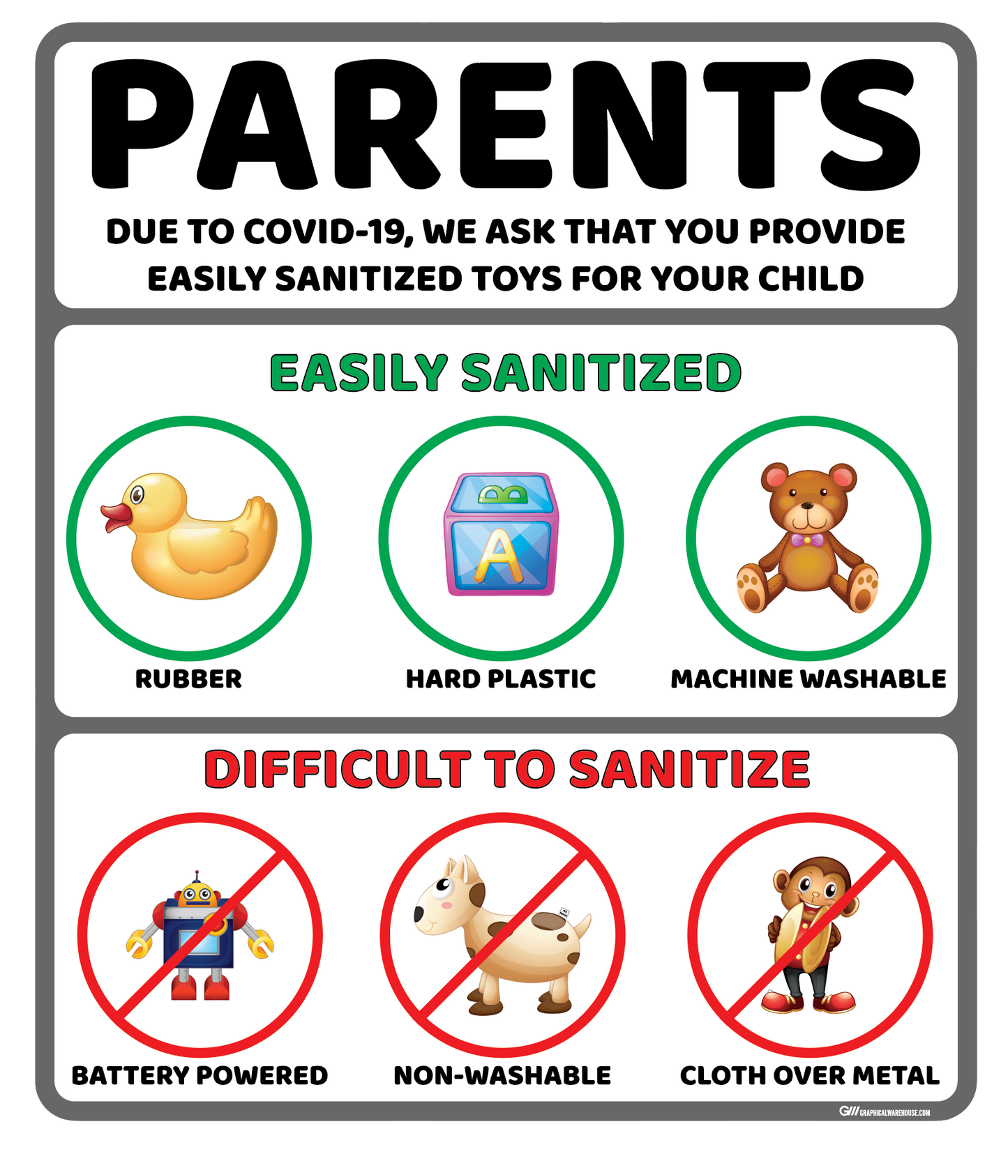 "Easily Sanitized Toys" Adhesive Durable Vinyl Decal- Various Sizes/Colors Available