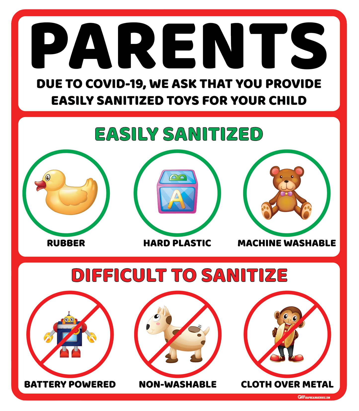 "Easily Sanitized Toys" Adhesive Durable Vinyl Decal- Various Sizes/Colors Available