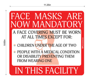 "Face Masks Are Now Mandatory In This Facility" Adhesive Durable Vinyl Decal- Various Sizes/Colors Available
