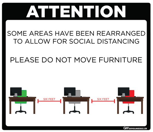 "Furniture Rearranged for Social Distancing" Adhesive Durable Vinyl Decal- Various Sizes/Colors Available