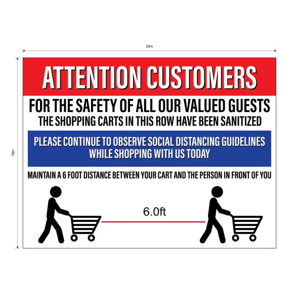 "Attention Customers: Shopping Carts Sanitized, Social Distancing" Durable Matte Laminated Vinyl Floor Sign- 24x18"