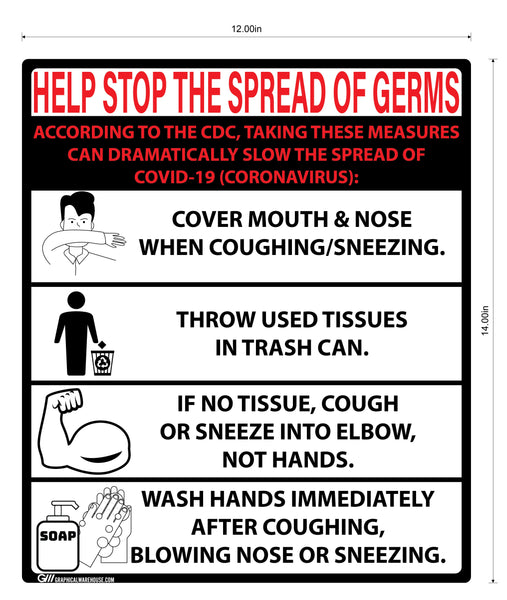 "Help Stop The Spread of Germs" Adhesive Durable Vinyl Decal- Various Colors Available- 12x14”