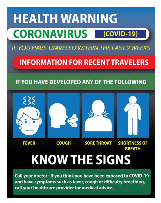 "Health Warning, Information for Recent Travelers" Adhesive Durable Vinyl Decal- 8.5x11”