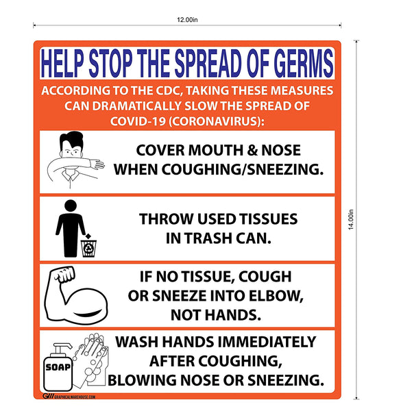 "Help Stop The Spread of Germs" Adhesive Durable Vinyl Decal- Various Colors Available- 12x14”