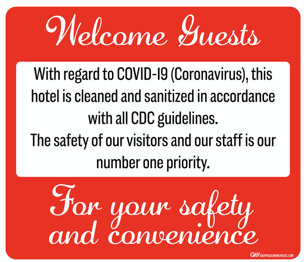 "Hotel Cleaned and Disinfected" Adhesive Durable Vinyl Decal- 14x12”